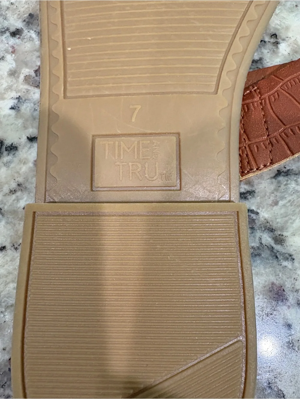 Time and Tru Tan Croc-Texture Double Band Slide Sandals